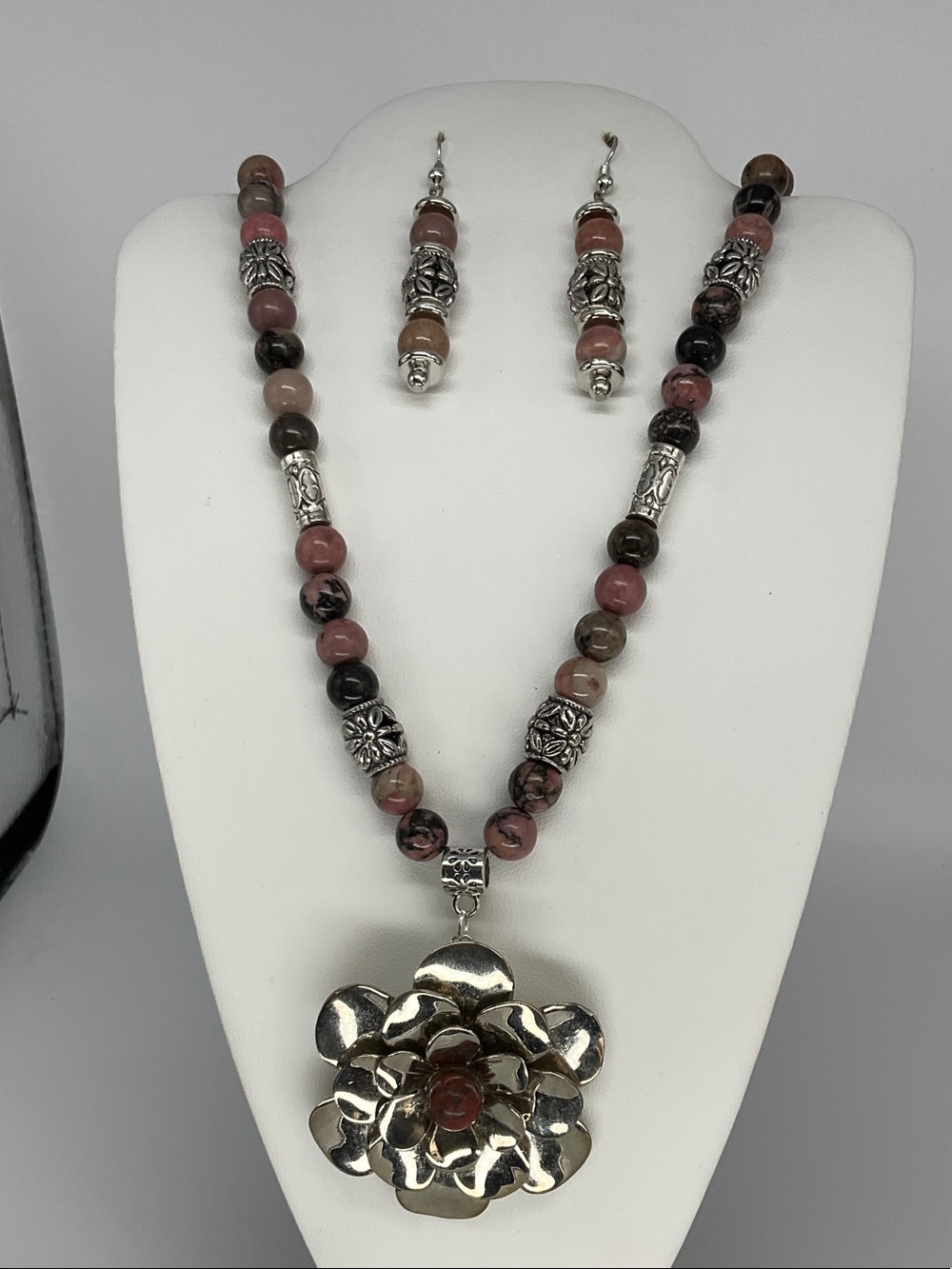 Silver Floral Pendant Necklace and Beaded Earrings - Pink and Brown Beads